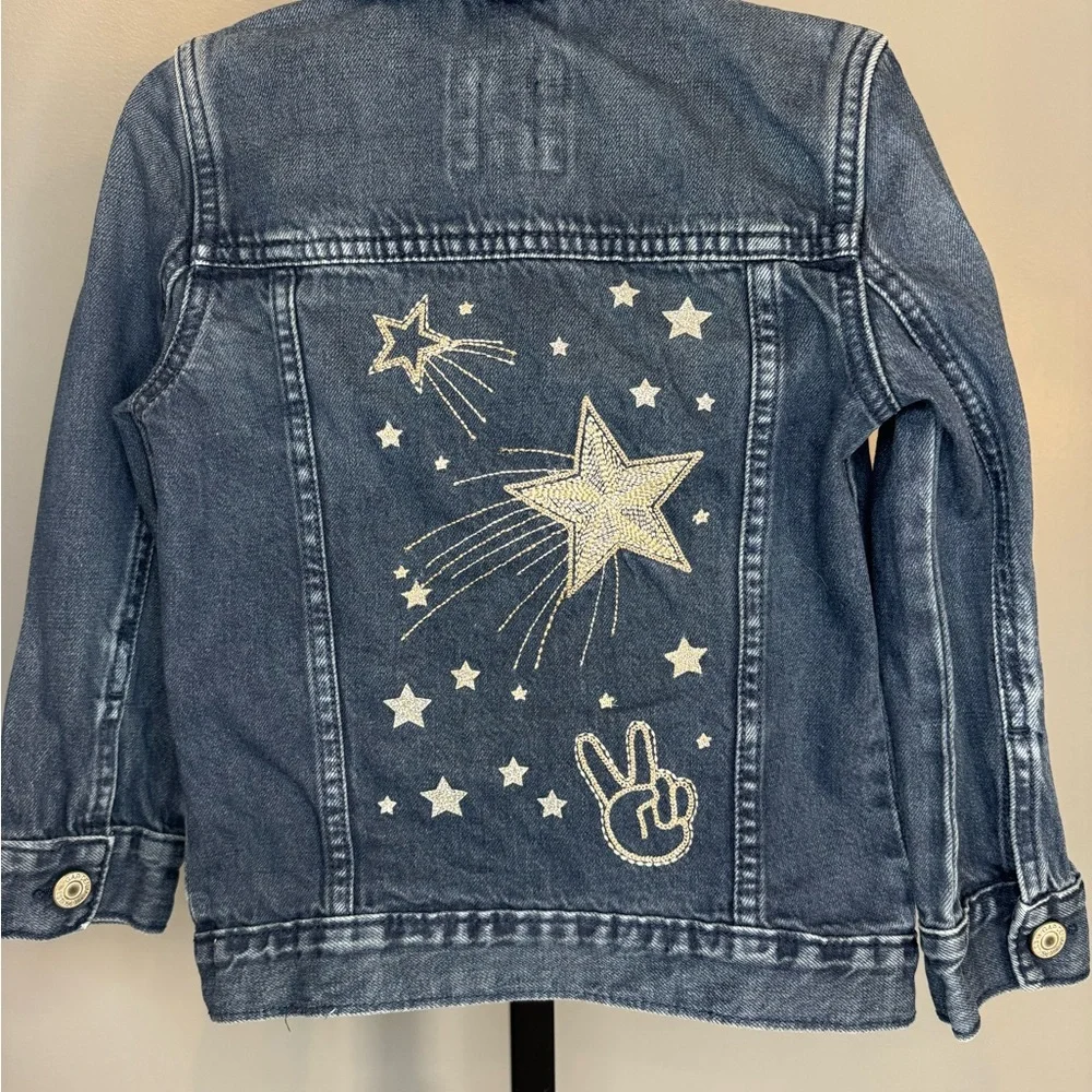 GAP Kids Star‎ Denim Jacket XS 4-5 Shooting Star Peace Sign Dark Indigo